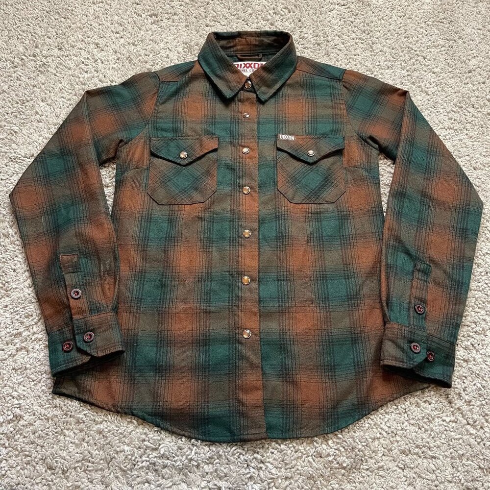 Dixxon Widowmaker Green Brown Plaid Womens Pearl Snap Flannel Size Small EUC